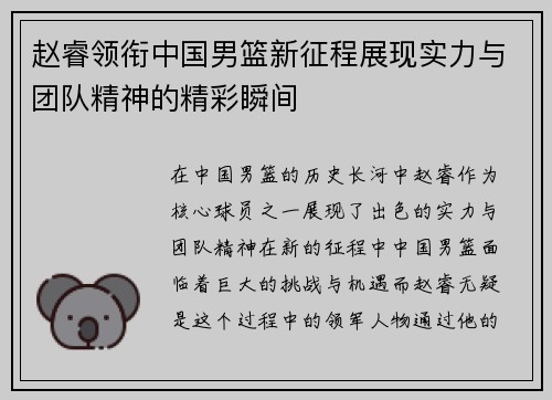 赵睿领衔中国男篮新征程展现实力与团队精神的精彩瞬间